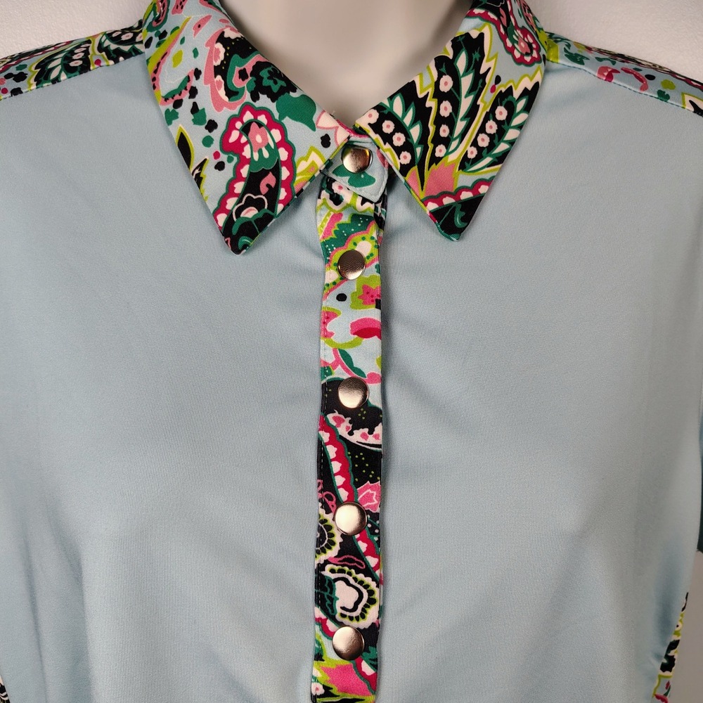 Jack Smith Womens M Paisley Trim Golf Polo Shirt Light Blue Sporty Golfcore - Picture 3 of 6